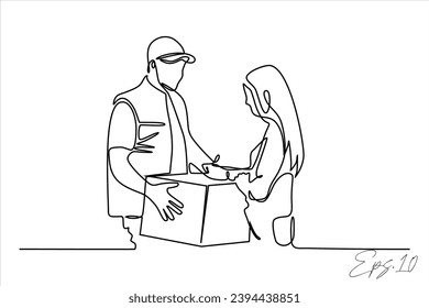  continuous line vector illustration design of a courier handing over a package delivery