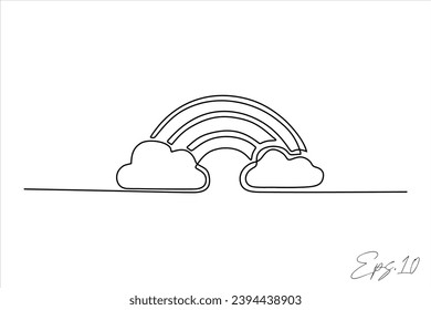 continuous line vector illustration design of clouds with rainbow