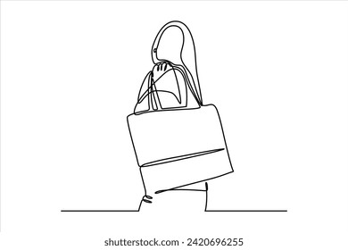 continuous line vector illustration design of woman holding bag