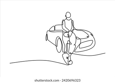 continuous line vector illustration design of person standing in car