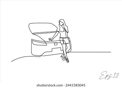 continuous line vector illustration design of a person posing in front of a car	
