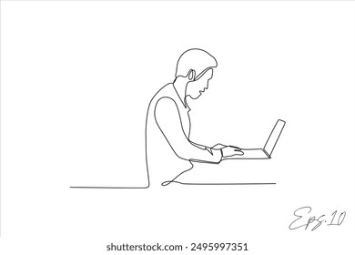  continuous line vector illustration design of a man working on a task with a laptop