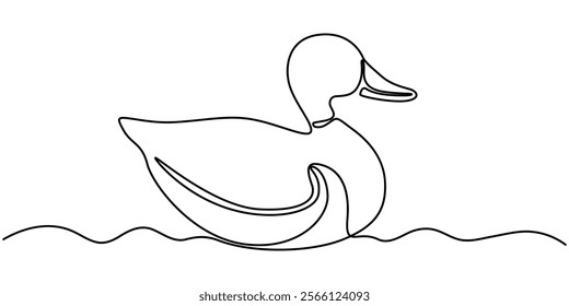 continuous line vector illustration design of one swimming duck, One continuous single line of wood duck swimming in river. Famous bird line art isolated on white background, Duck in one continuous. 