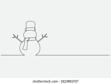 Continuous line vector illustration drawing of Snowman, Concept of Christmas. Holiday, New year