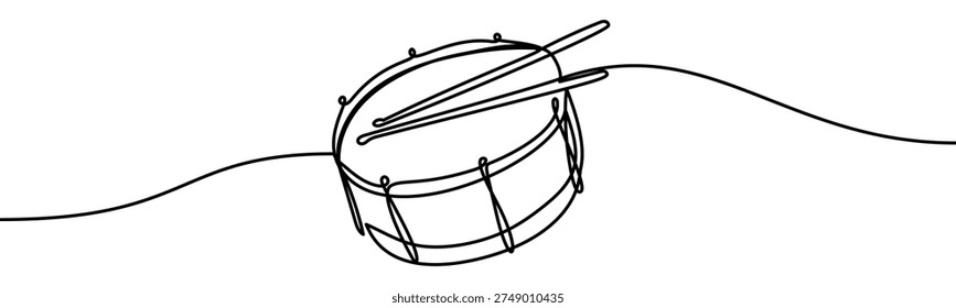 Continuous line vector illustration of a drum with drumsticks isolated on transparent background. Minimalist one line drawing representing percussion instrument, rhythm, music performance and sound