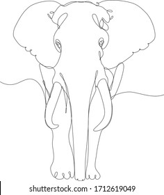 Continuous line vector illustration of an elephant in full-length close-up. Savanna animals series. Black line on white background.