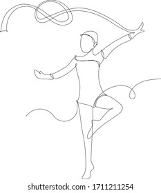 Continuous line vector illustration of girl practicing artistic gymnastics. Black line on white background.