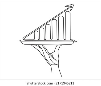 Continuous Line Vector Illustration Of Hand Holding Dish With Graph Going Up With An Arrow On White Background, Concept Presentation Of Idea, Success, Profit. Stroke Line, Icon Or Emblem Trendy Linear