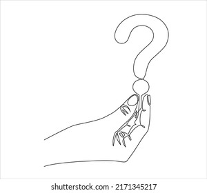 Continuous line vector illustration of hand holding question mark on white background,concept of FAQ. Stroke Line, Icon or Emblem trendy linear style.