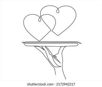 Continuous line vector illustration of hand holding dish with hearts on white background, falling in love concept. Stroke Line, Icon or Emblem trendy linear style.