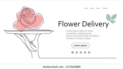 Continuous line vector illustration of hand holding dish with flowers on white background, flower delivery concept. Stroke Line, Icon or Emblem trendy linear style.