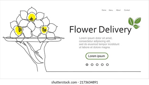 Continuous line vector illustration of hand holding dish with flowers on white background, flower delivery concept. Stroke Line, Icon or Emblem trendy linear style.