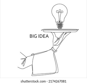 Continuous line vector illustration of hand holding dish with idea light bulb on white background, concept of idea presentation. Stroke Line, Icon or Emblem trendy linear style.