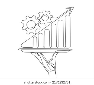 Ilustración vectorial de línea continua del plato de mano con gráfico que sube con una flecha sobre fondo blanco, presentación de concepto de idea, éxito, beneficio. Línea de trazo, icono o emblema lineal