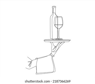 Continuous line vector illustration of hand holding dish with wine bottle with wineglass. Vector illustration.