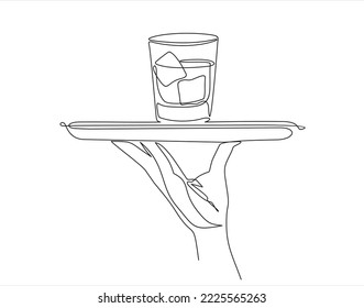 Continuous line vector illustration of hand holding dish with glass with whisky drawn from the hand a picture of the silhouette. Line art. 