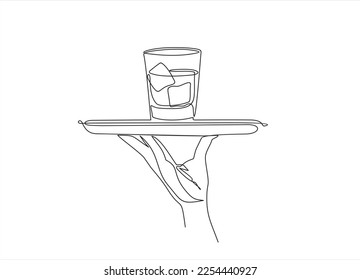 Continuous line vector illustration of hand holding dish with glass with whisky drawn from the hand a picture of the silhouette. Line art. 