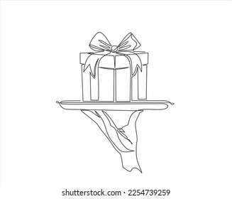 Continuous line vector illustration of hand holding dish with gift on white background, concept of giving a gift. Stroke Line, Icon or Emblem trendy linear style.