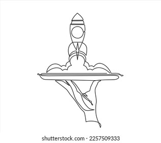 Continuous line vector illustration of hand holding dish with Rocket launch, ship drawn from the hand a picture of the silhouette. Continuous line drawing. Startup business. Vector illustration. 