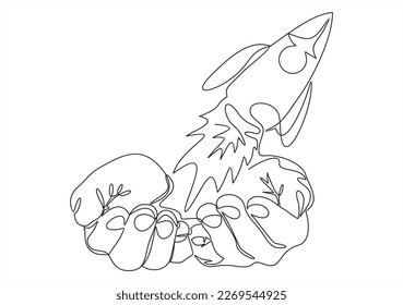 Continuous line vector illustration of hand holding with Rocket launch, ship drawn from the hand a picture of the silhouette. Continuous line drawing. Startup business. Vector illustration.
