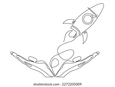 Continuous line vector illustration of hand holding with Rocket launch, ship drawn from the hand a picture of the silhouette. Continuous line drawing. Startup business. Vector illustration.