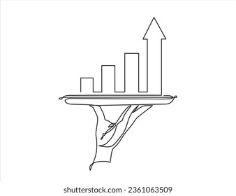 Continuous line vector illustration of hand holding dish with graph going up with an arrow on white background, concept presentation of idea, success, profit. Stroke Line, Icon or Emblem trendy linear