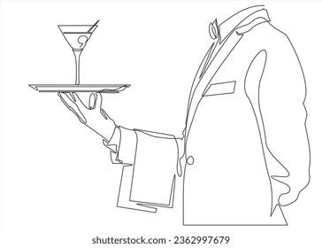 Ilustración vectorial de línea continua del plato de mano con vidrio con martini dibujado de la mano una imagen de la silueta. Arte de línea.