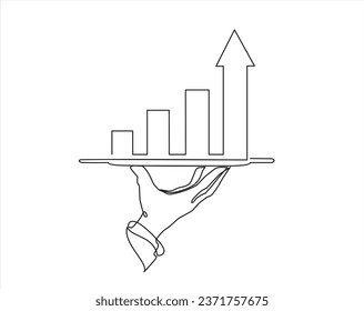Continuous line vector illustration of hand holding dish with graph going up with an arrow on white background, concept presentation of idea, success, profit. Stroke Line, Icon or Emblem trendy linear