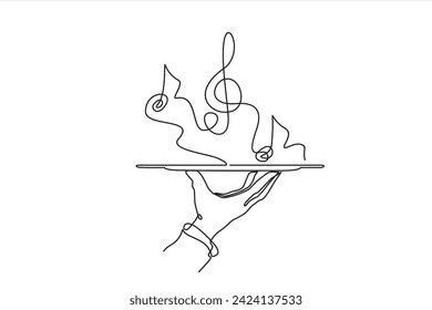 Continuous line vector illustration of hand holding dish with musical notes. Drawn from the hand a picture of the silhouette. Line art. 