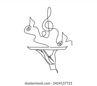 Continuous line vector illustration of hand holding dish with musical notes. Drawn from the hand a picture of the silhouette. Line art. 