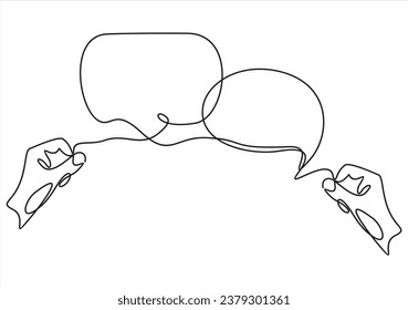 Continuous line vector illustration of hands holding speech bubbles. Man holding a message icon, bubble talk notification sign in his hands. Chat icon, sms icon, comments icon,speech bubbles.