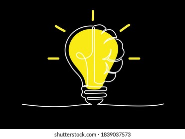 Continuous line vector illustration of light bulb and Brain, Icon or Emblem trendy linear style. 