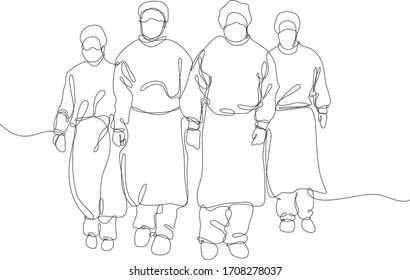 Continuous line vector illustration of medical team dressed in virus protection.