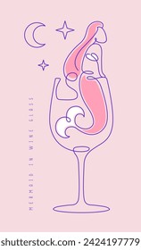 Continuous line vector illustration of mermaid in wine glass