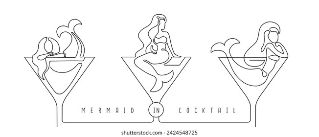 Continuous line vector illustration of mermaid in cocktail glass