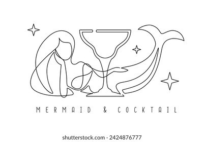 Continuous line vector illustration of mermaid with cocktail glass