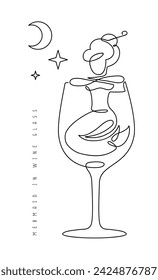 Continuous line vector illustration of mermaid in wine glass