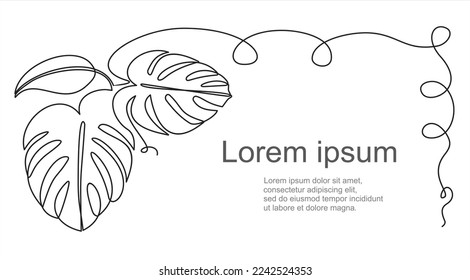 Continuous line vector illustration of monstera leaf on white background, flower delivery concept. Stroke Line, Icon or Emblem trendy linear style.