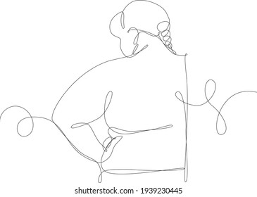 Continuous line vector illustration of naked curvy woman, back view. Beauty concept of curvy female body. Black line on white background