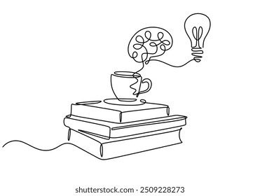 Continuous line vector illustration of a stack of books with a brain and a light bulb. Represents education and study concepts with a minimalist hand-drawn design, isolated on white.