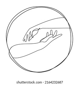 Continuous line vector illustration of two hands are attracted to each other. Simple sketch of two hands icon.Beautiful design element for print,emblem,logo.Support and help concept.Love concept