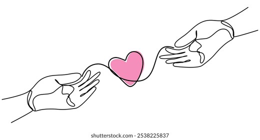 Ilustración vectorial de línea continua de dos manos con el corazón apenas tocándose. Boceto simple de dos manos hechas de una línea, concepto de amor, dibujo de línea continua de icono de cuidado. Dibujado a mano.