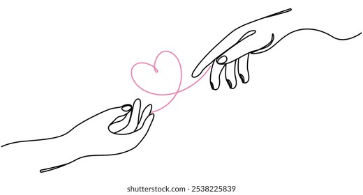 Ilustración vectorial de línea continua de dos manos con el corazón apenas tocándose. Boceto simple de dos manos hechas de una línea, concepto de amor, dibujo de línea continua de icono de cuidado. Dibujado a mano.