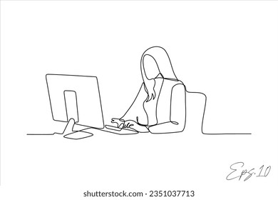 continuous line vector illustration of woman finishing office work