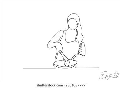  continuous line vector illustration of woman cooking