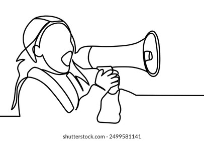 Ilustración vectorial de línea continua de la mujer que sostiene un altavoz. Ilustración de Vector Doodle