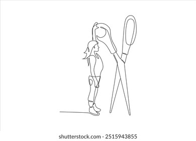 continuous line vector illustration of woman holding scissors	