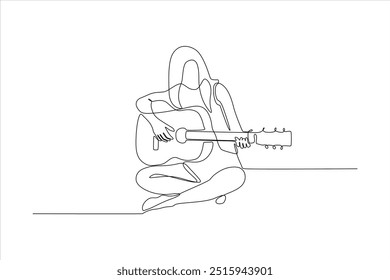 Ilustración vectorial de línea continua de mujer sentada mientras toca la guitarra