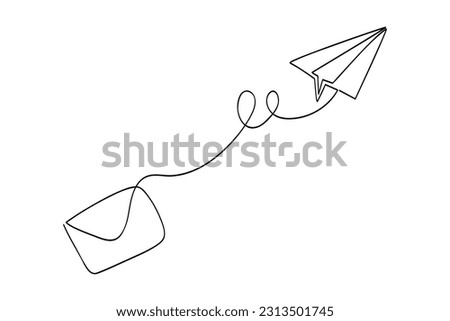 continuous line of vector mail and paper plane, isolated on white
