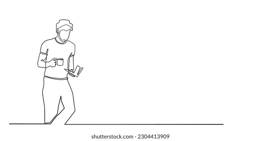 continuous line vector man drinking coffee and reading a book.relaxing a moment drinking coffee and reading a book single line